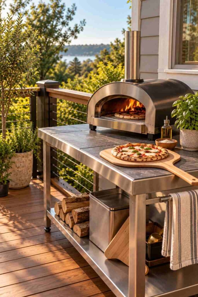 30 Outdoor Kitchen Ideas on Deck: Smart Layouts, Materials for Small, Mid-Size, and Large Spaces 7 Countertop pizza oven on a stainless table in a small deck kitchen corner.