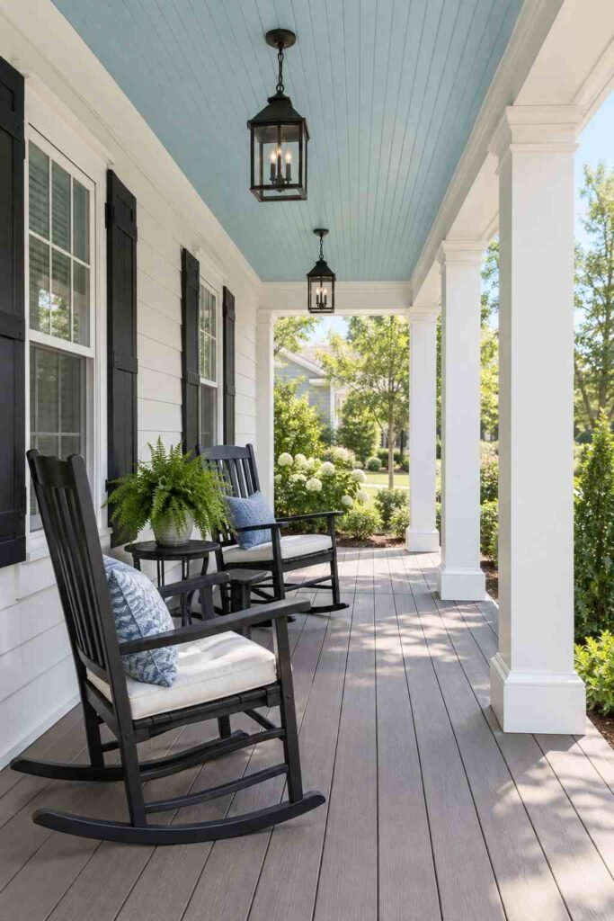 Covered front porch with blue beadboard ceiling and rocking chairs