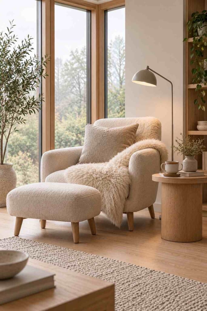 Cozy reading corner with armchair and sheepskin in a Scandinavian living room