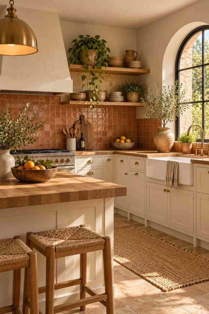 Kitchen with cream cabinets, terracotta backsplash, and open wood shelves