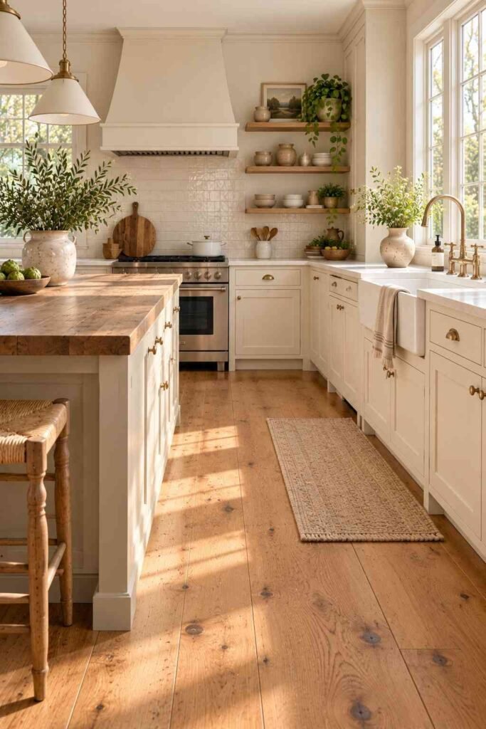 Cream farmhouse kitchen cabinets with wide-plank pine flooring