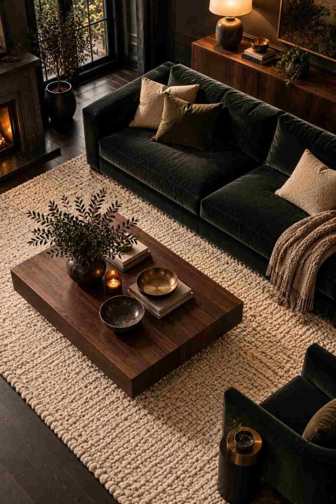 Thick cream wool rug adding contrast in a dark living room