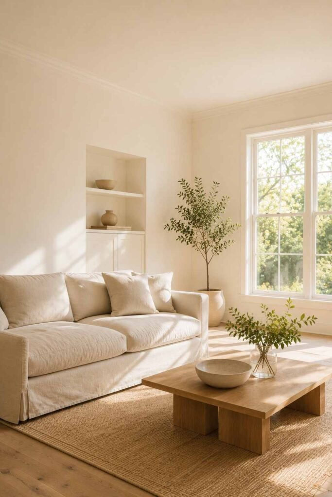 Living room with creamy off-white walls, matching trim and a linen sofa