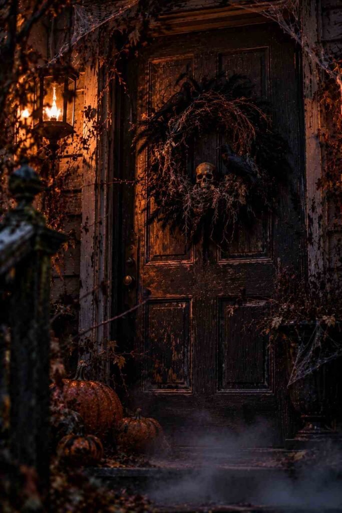Dark crow wreath with feathers and a tiny skull on a Halloween front door.