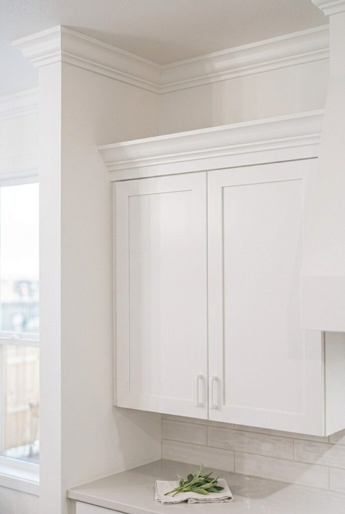White kitchen cabinets with painted crown molding closing the gap to the ceiling.