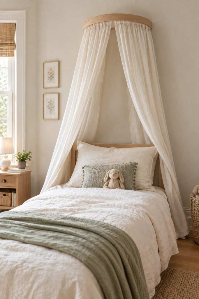 Wall-mounted crown canopy with soft fabric above a child's bed.