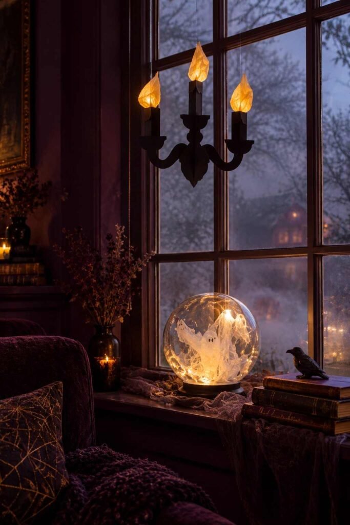Glass globe with LED light and a hanging paper candelabra in a haunted-style window.