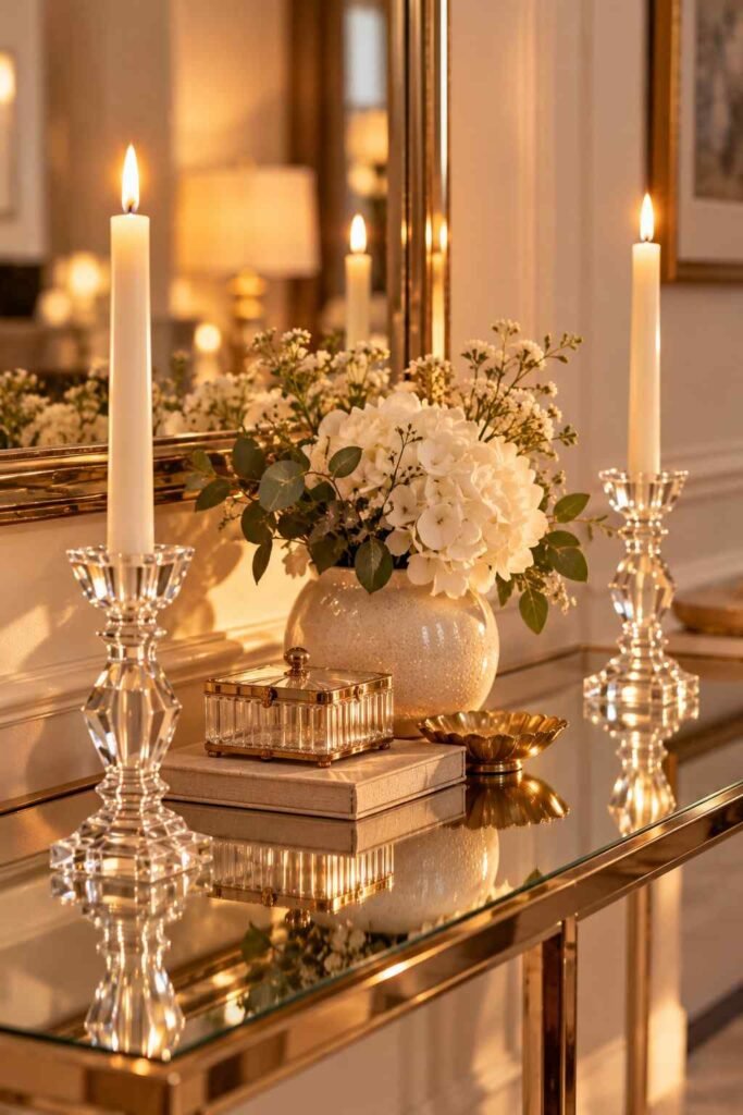 Pair of crystal candlesticks with ivory tapers on a rectangular mirrored table.