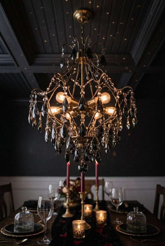 Luxury Halloween Dining Room Decor Ideas: 30 Ways to Style a Dark, Elegant Table 10 Chandelier draped with black crystals over a Halloween dining table