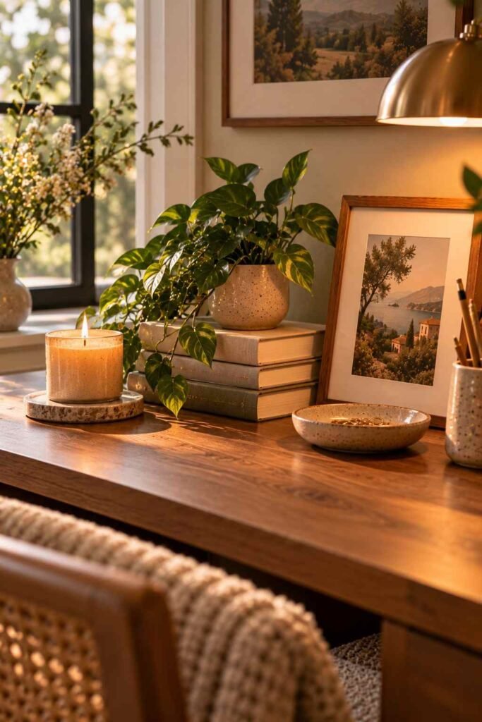 Curated desk vignette with candle, books, and framed photo
