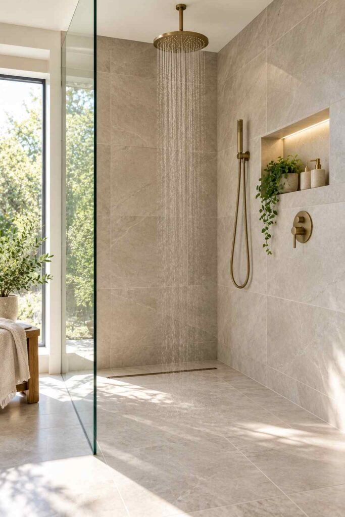 Curbless walk-in shower with linear drain, large tile, and frameless glass panel.