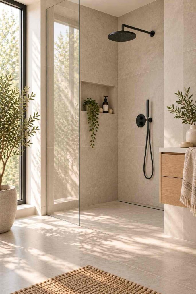 Curbless walk-in shower with frameless glass and large stone-look tile
