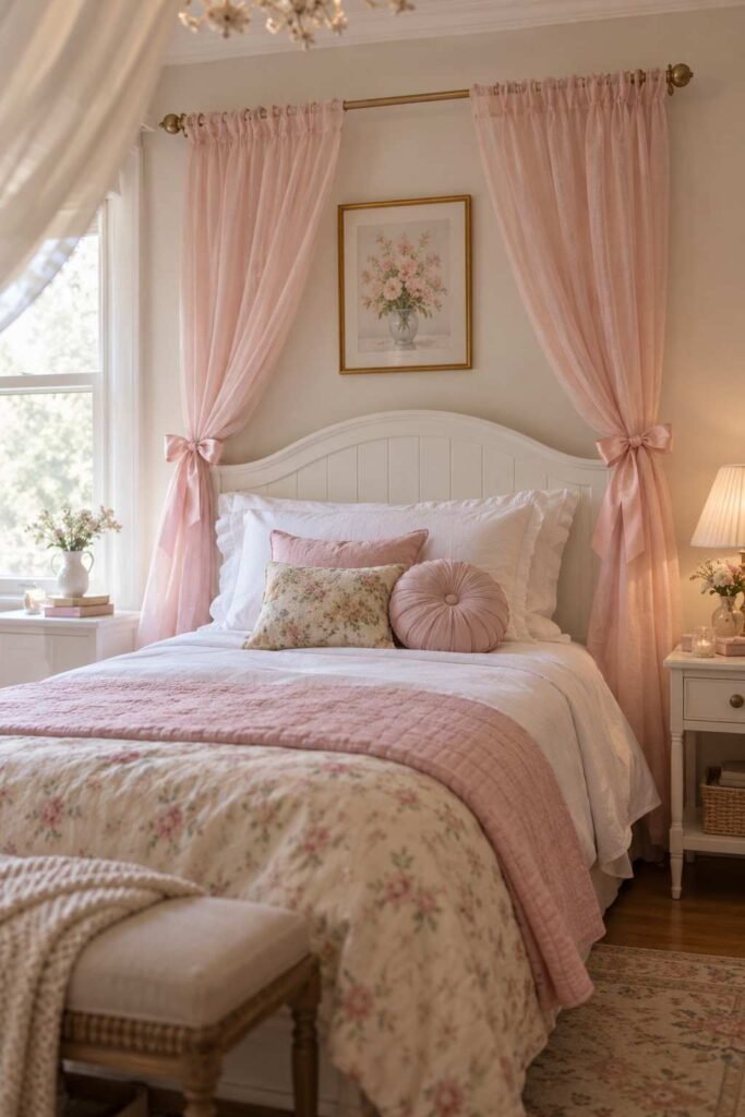 30 Canopy Bed Ideas for Princess Bedroom: Dreamy, Safe & Budget-Friendly 15 Curtain rod canopy with blush panels and ribbon tiebacks above a white bed