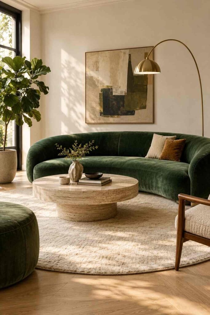 26 Glam Green Velvet Couch Living Room Design Ideas: Emerald, Sage and Olive 13 Curved green velvet couch with a round coffee table in a modern living room
