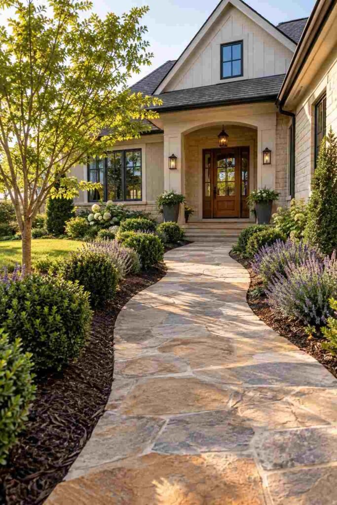Curved stone walkway edged with lavender leading to a front entrance