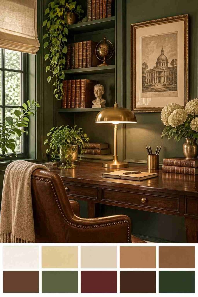 Dark academia home office with espresso desk and brass lamp, with a ten-color palette strip below