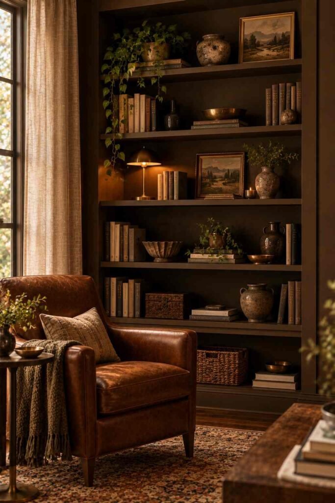Dark brown built-in bookshelves with books and ceramics in a cozy living room.
