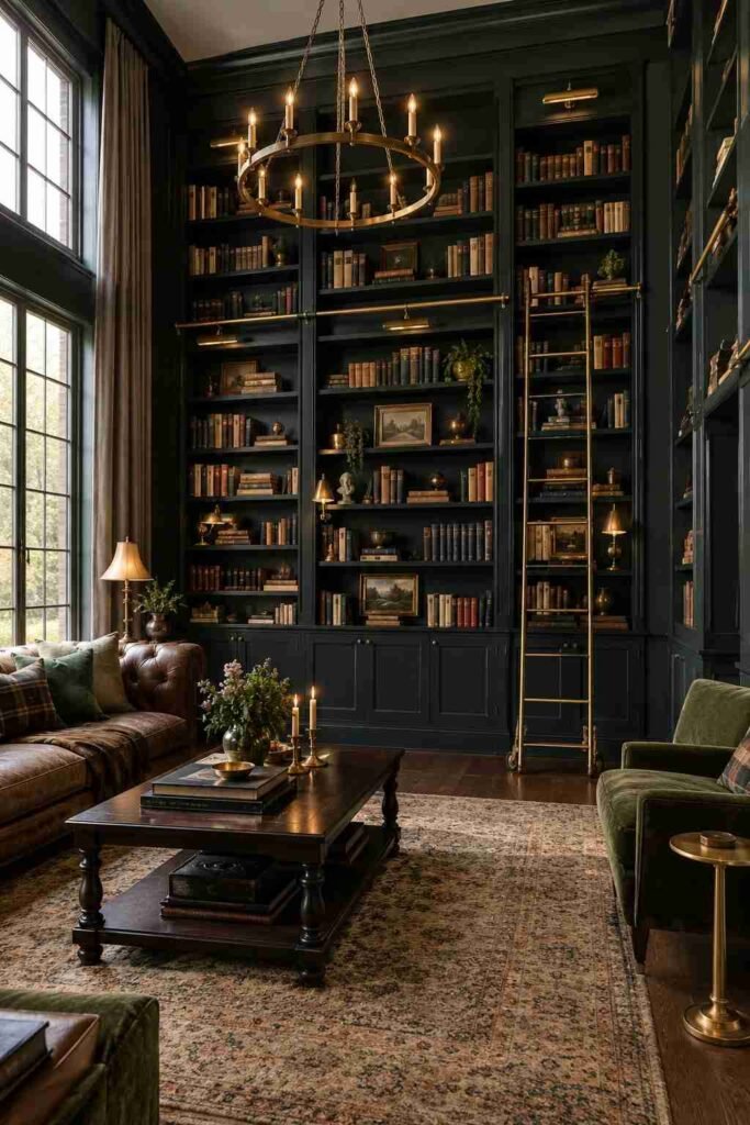 28 Dark Living Room Ideas for High Ceilings That Feel Rich, Not Gloomy (Paint, Lighting & Layout) 18 Floor-to-ceiling dark built-in bookshelves in a tall living room