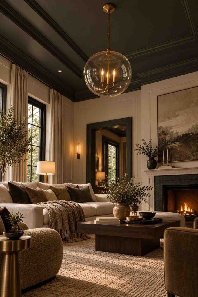 Dark charcoal ceiling in a living room with glass and brass pendant light