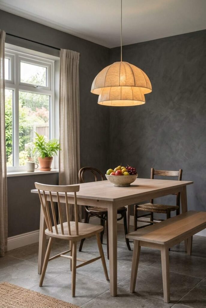 White oak dining table with mixed chairs and pendant lamp against dark Scandinavian walls