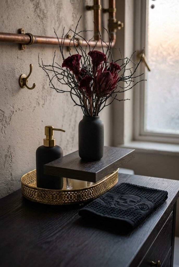 Slim vase with burgundy dried flowers and black branches on a bathroom shelf for autumn Halloween style