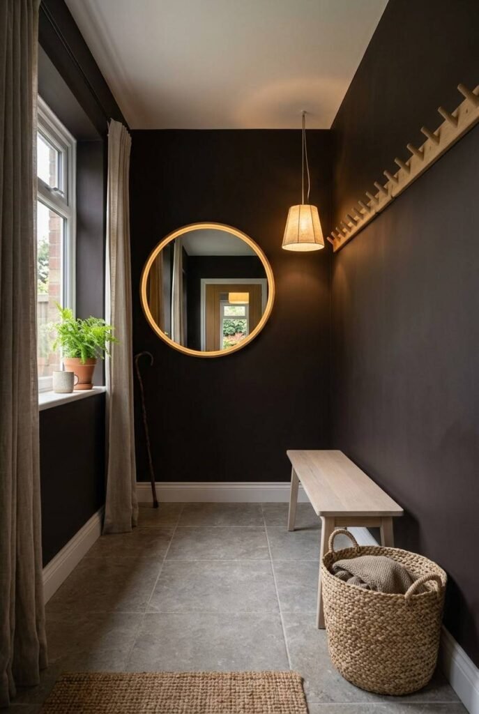 Dark Scandinavian entrance hall with oak bench, wall pegs, and mirror
