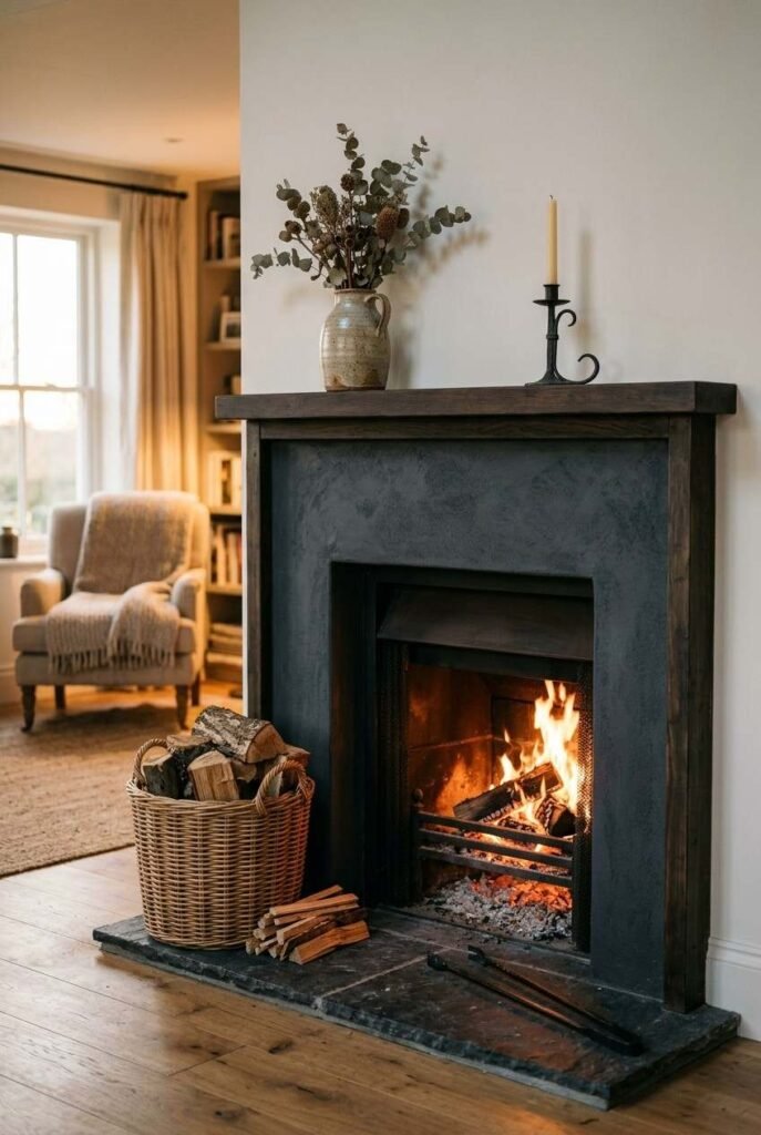 Graphite fireplace wall with a minimal mantel in a Scandinavian dark interior