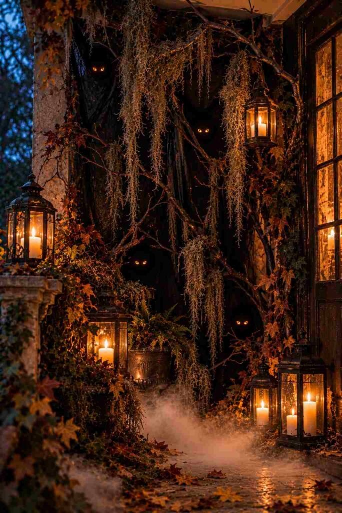 Porch corner with bare branches, hanging moss, and small glowing eyes in black cutouts.