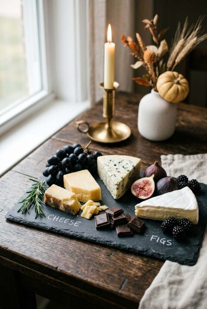 28 Classy Halloween Decor Ideas: Moody, Grown-Up for an Elegant, Stylish Home 10 Dark slate grazing board with figs, black grapes and cheese for a Halloween party