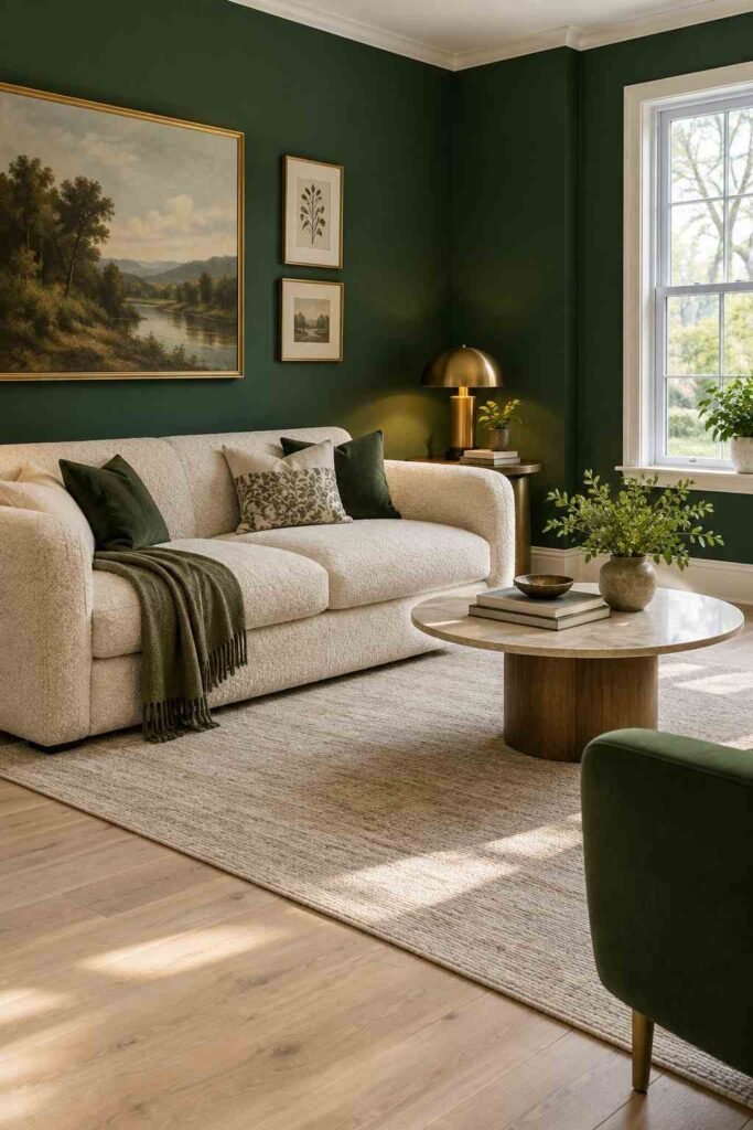 25 Stunning Home Remodeling Living Room Ideas to Refresh Your Space 9 Living room with deep green walls, a cream sofa and warm layered lighting.