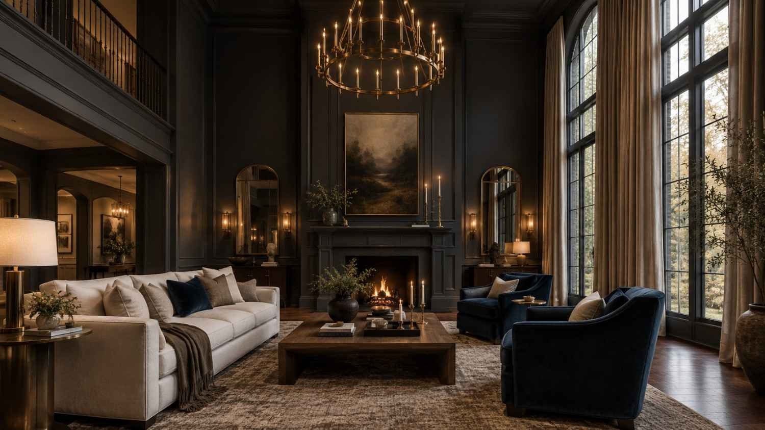Dark living room with high ceiling, charcoal walls, brass chandelier