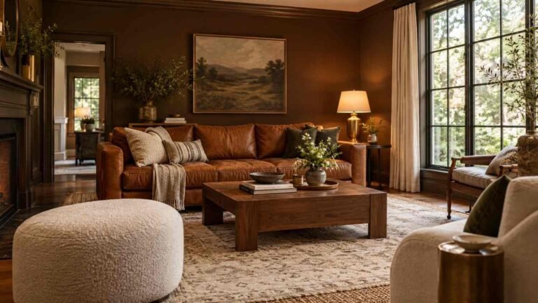 Dark living room in brown with espresso walls, cognac leather sofa and brass lamp