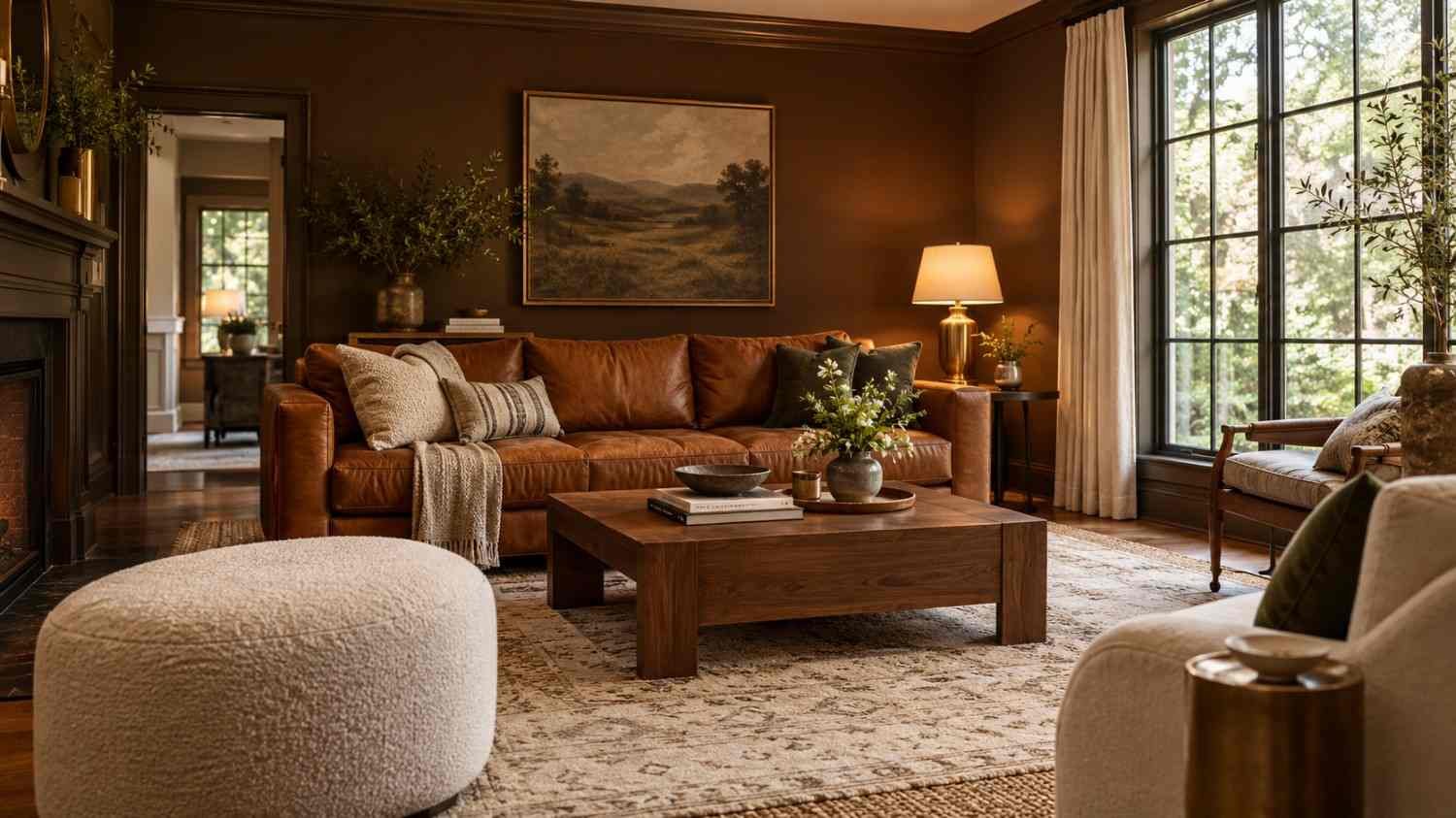 Dark living room in brown with espresso walls, cognac leather sofa and brass lamp