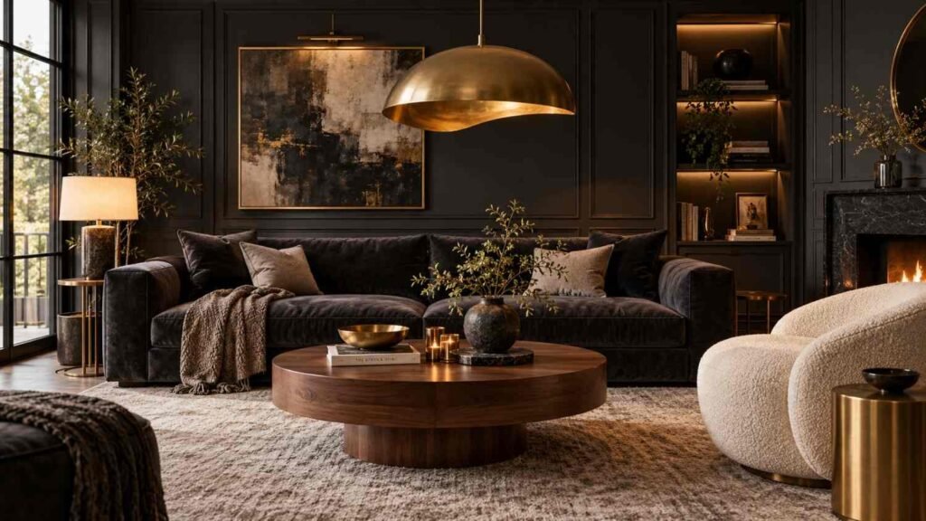 Dark living room ideas modern luxury style with charcoal walls, velvet sofa and brass light