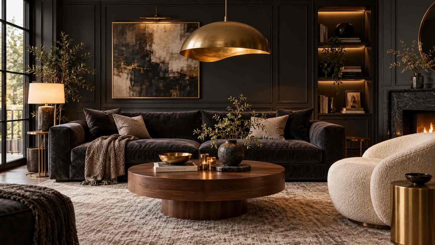 Dark living room ideas modern luxury style with charcoal walls, velvet sofa and brass light