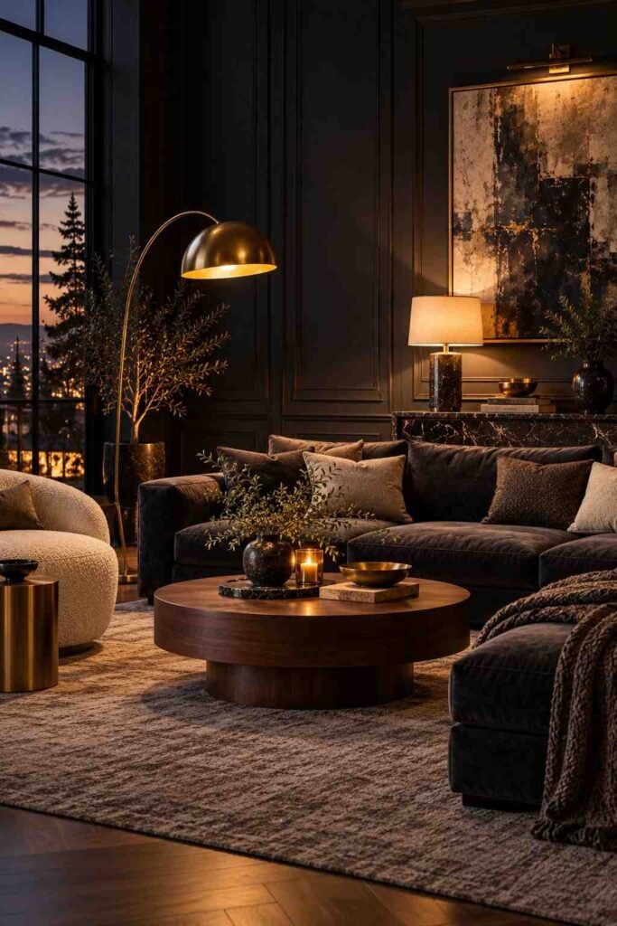 Dark living room at dusk with warm lamps highlighting brass and marble against deep walls