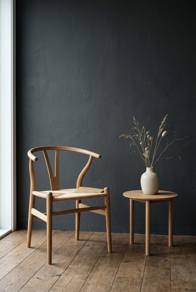 Wooden Danish-style chair against a dark graphite wall in a Nordic interior