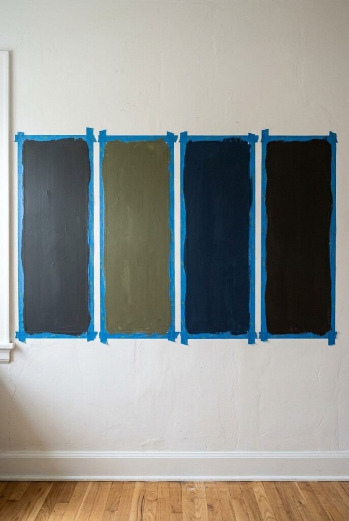 Large dark paint test patches on a wall to compare Scandinavian dark interior colors