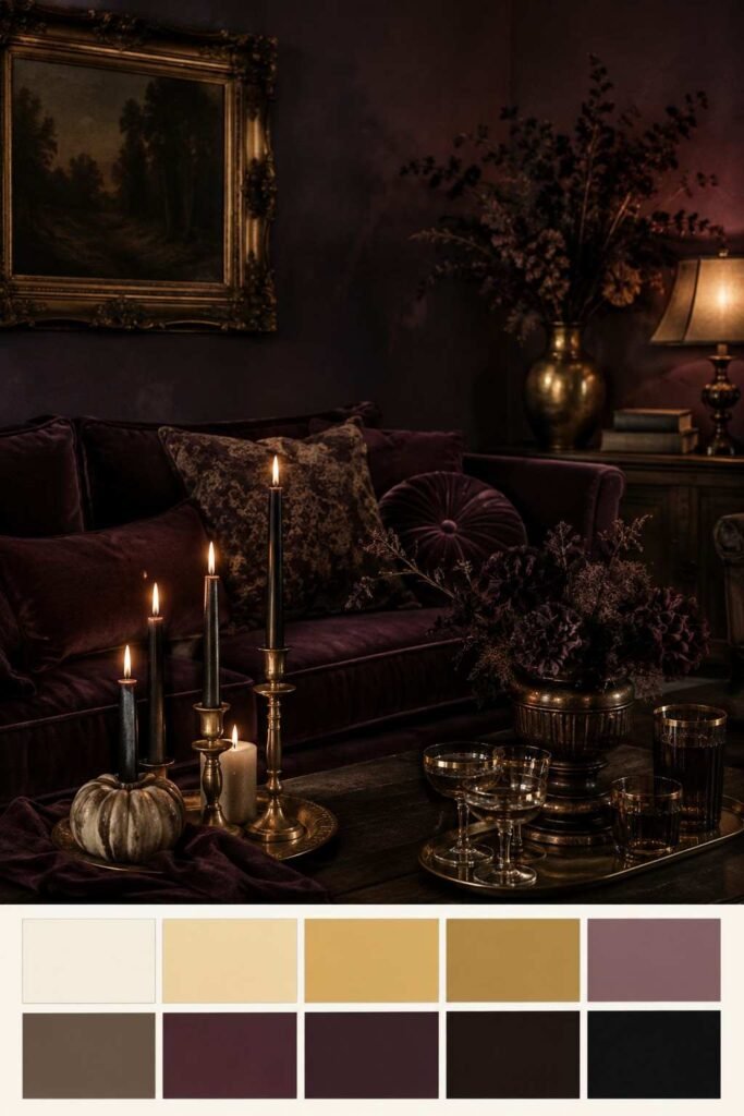 Plum velvet sofa and gold glassware in a dark romantic Halloween living room with a ten-color swatch strip