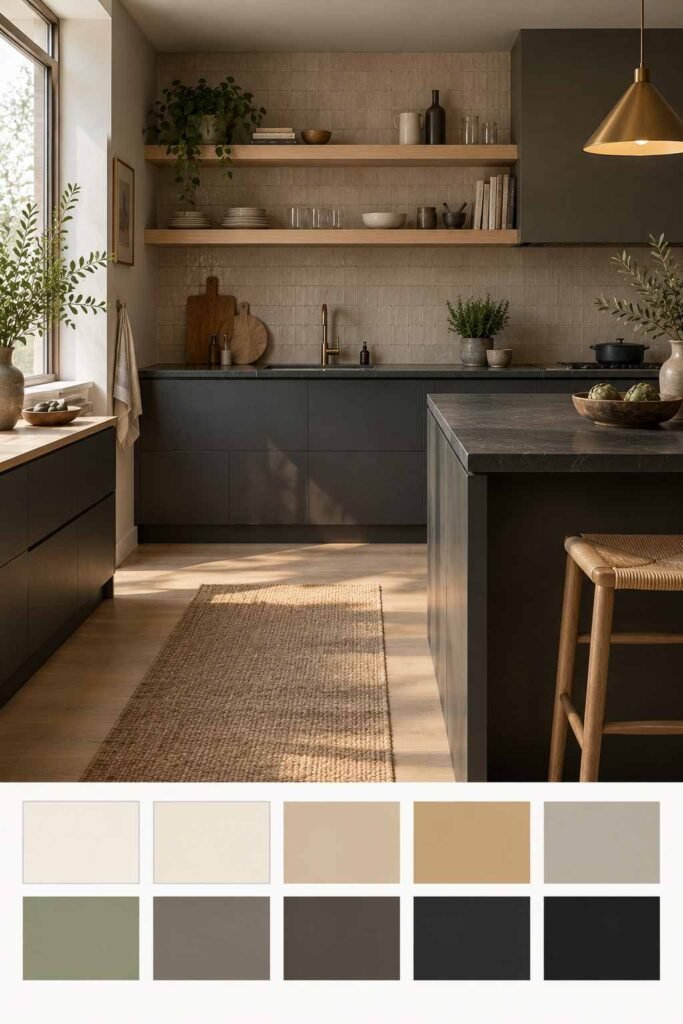 Dark Scandinavian kitchen with slate cabinets and oak shelves, with a color palette strip below