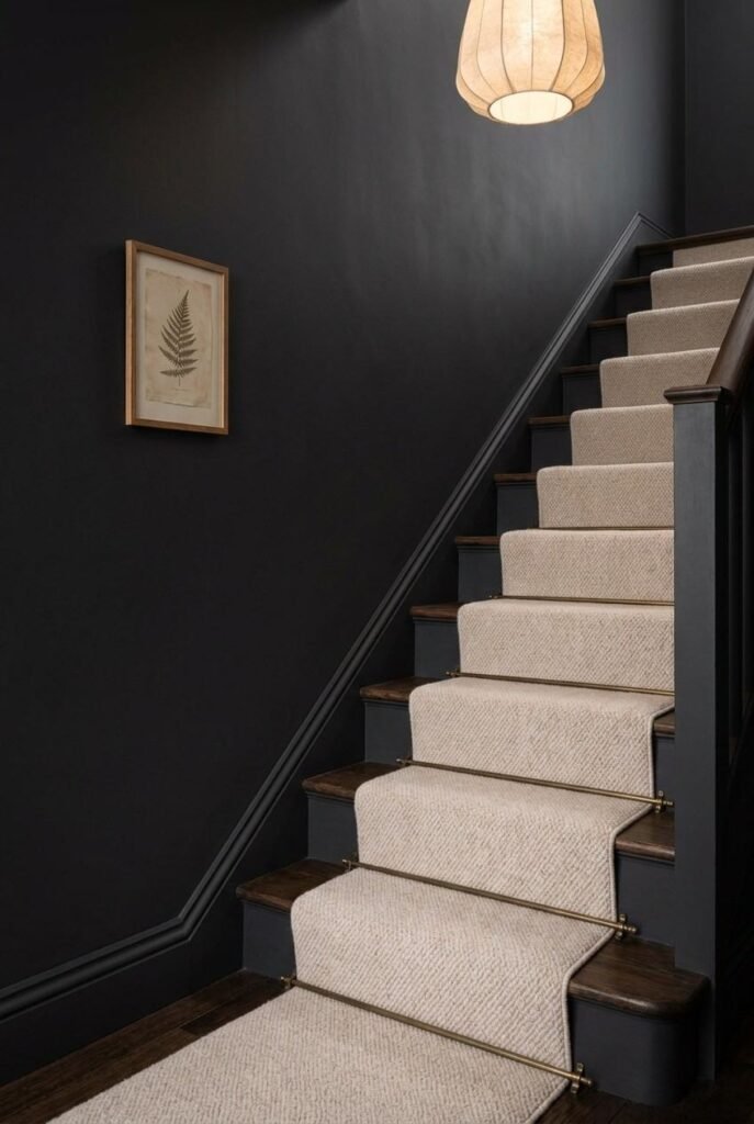 Dark staircase with a pale runner in a Scandinavian dark interior