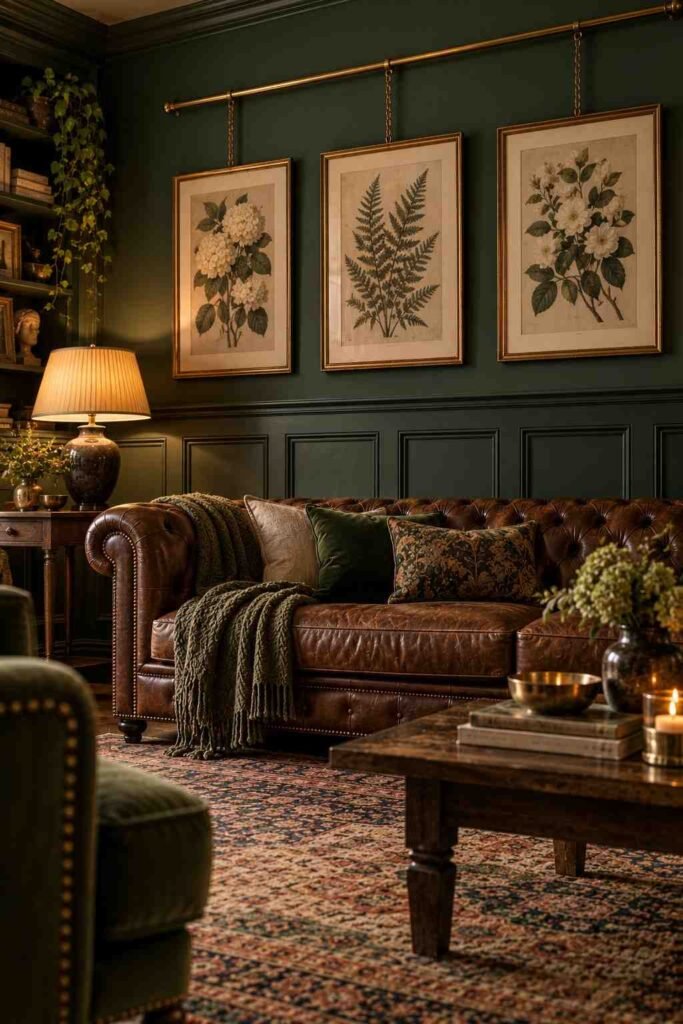 30 Luxury Wall Decor Ideas for Living Room Walls: Art, Texture, Mirrors & Lighting 18 Forest green wainscoting with a gallery rail holding framed botanical prints.