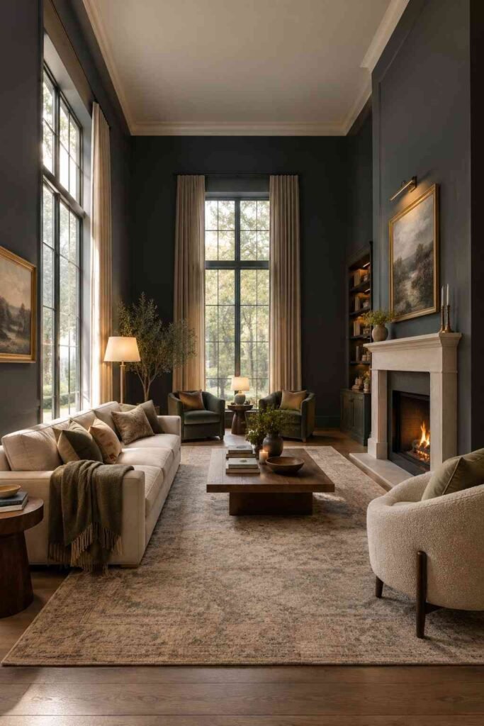 28 Dark Living Room Ideas for High Ceilings That Feel Rich, Not Gloomy (Paint, Lighting & Layout) 2 Tall living room where dark slate walls create a cozy, human-scale feel