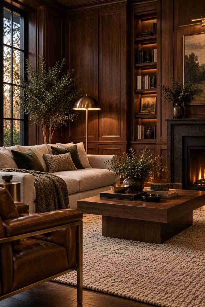 Living room with walnut wood paneling, leather armchair and brass floor lamp