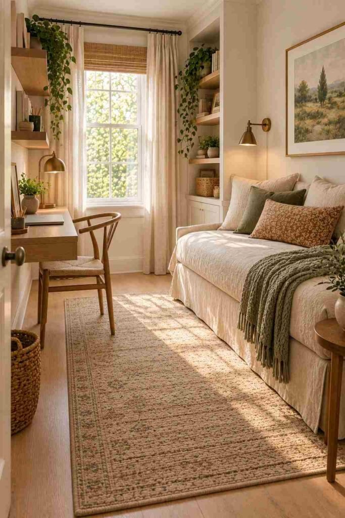 Daybed used as a couch in a home office that doubles as a guest room
