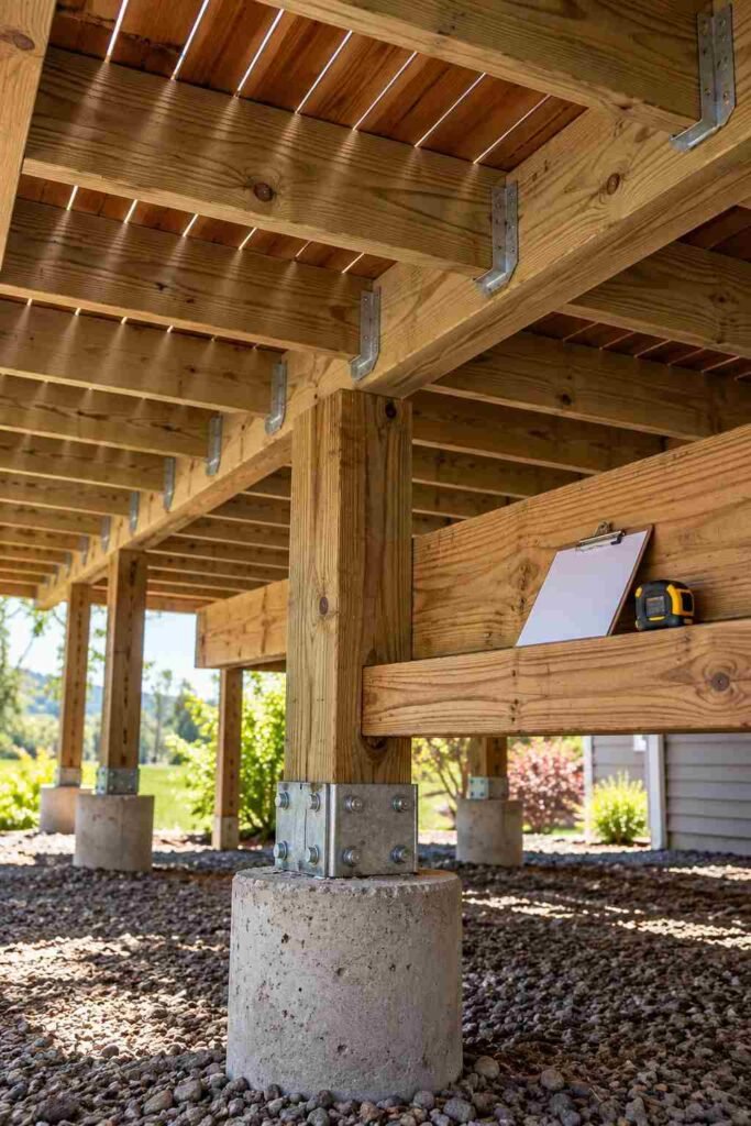 30 Outdoor Kitchen Ideas on Deck: Smart Layouts, Materials for Small, Mid-Size, and Large Spaces 2 Deck joists, beams, and footings being checked before installing a heavy outdoor kitchen.