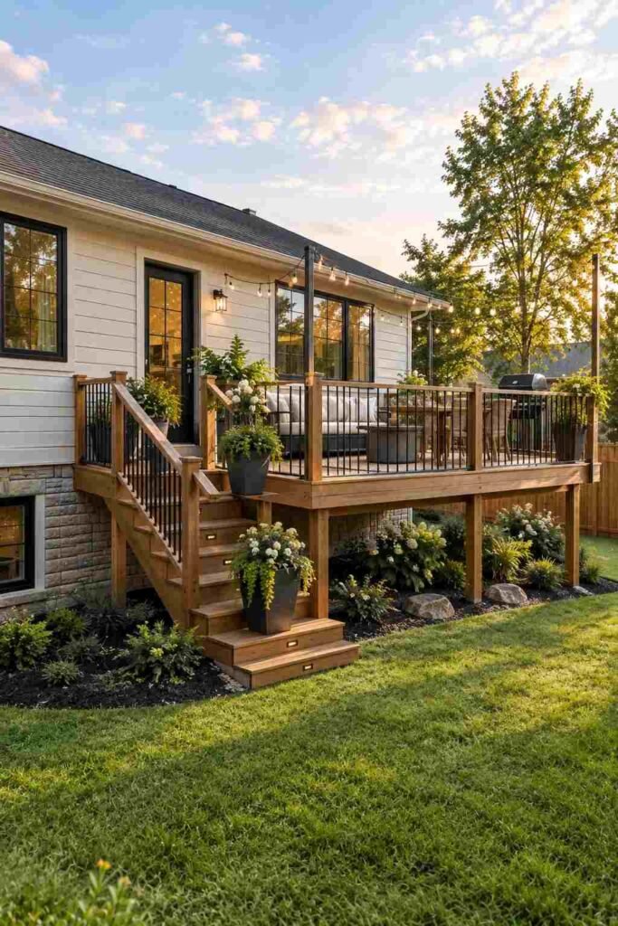 Elevated deck off the kitchen of a split foyer home with planters and seating