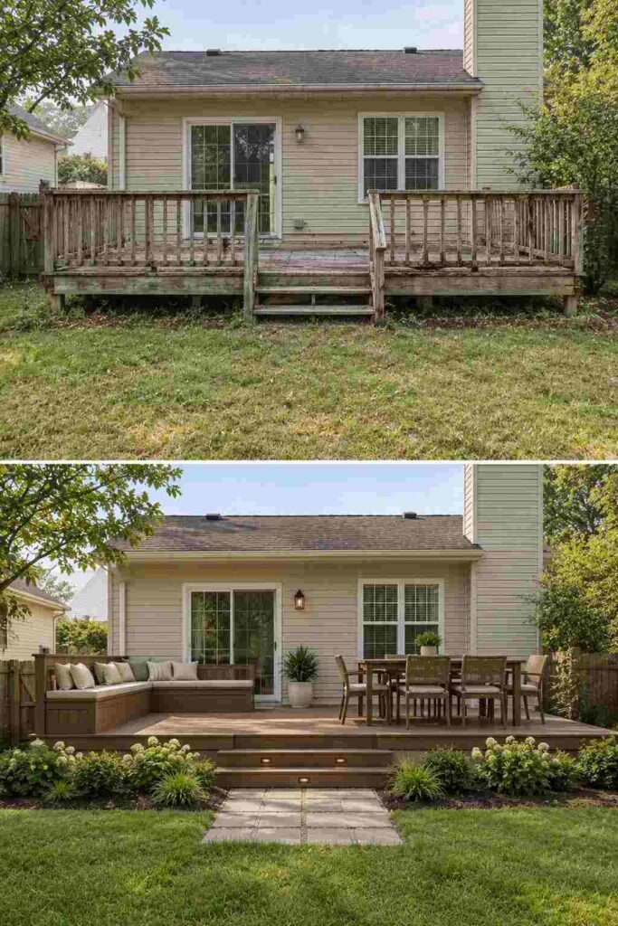 Home Remodeling Before and After: 28 Room-by-Room Transformations 17 Backyard before and after replacing an old deck with composite decking, seating and a paver path.