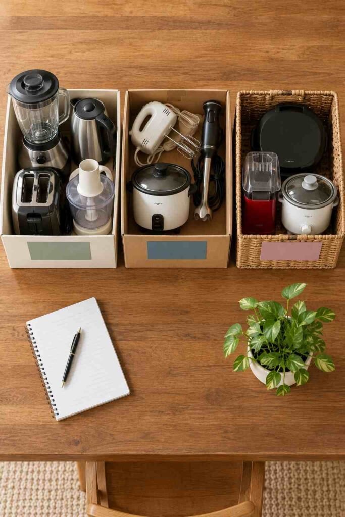 Small kitchen appliances sorted into keep, donate and seasonal groups on a table