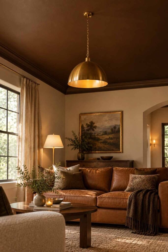 Deep brown painted ceiling over a cream-walled living room with brass pendant.